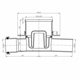 BRUCKNER padlóösszefolyó, kétoldali kifolyóval, 105x105mm, 50mm, rozsdamentes acél