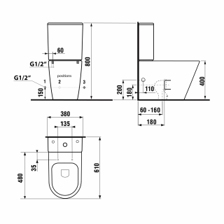 PACO RIMLESS monoblokkos WC, alsó/hátsó kifolyású, ülőke nélkül, 38x64cm, duálgombos öblítőmechanikával (PC1012R helyett)