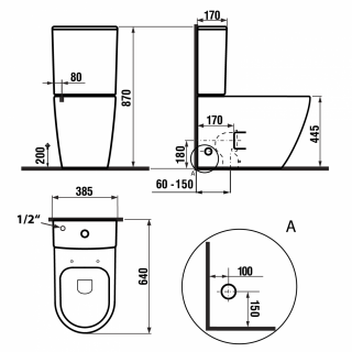 TURKU RIMLESS monoblokkos WC, alsó/hátsó kifolyású, ülőke nélkül, 38x64cm, duálgombos öblítőmechanikával