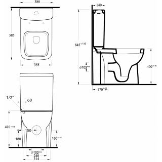 TYANA SHORT kombi WC, hátsó kifolyású, tartállyal, öblítőmechanikával, ülőke nélkül, 35x58,5cm