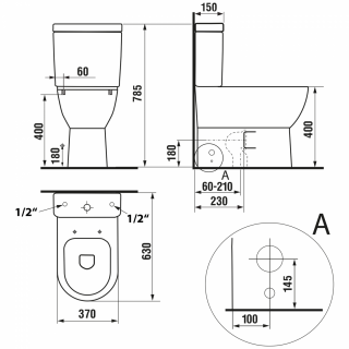 AQUALINE JALTA RIMLESS monoblokkos WC, alsó/hátsó kifolyású, ülőke nélkül, 37x63cm, duál gombos öblítőmechanika