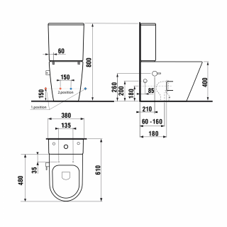 PACO RIMLESS monoblokkos WC, alsó/hátsó kifolyású, ülőke nélkül, FEHÉR CSAPTELEPPEL, bidézuhannyal, 38x64cm, duálgombos öblítőmechanikával