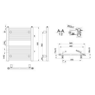 AQUALINE DIRECT Fürdőszobai radiátor, egyenes, 500x640mm, fehér