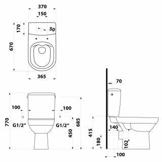 BRUCKNER BEHRENS RIMLESS monoblokkos WC, alsó/hátsó kifolyású, ülőke nélkül 