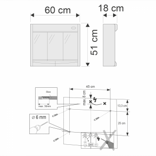 AQUALINE SAPHIR tükrösszekrény, húzókapcsolóval, 60x51x18cm, 15W, G13, fehér, műanyag