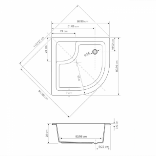 AQUALINE íves mély zuhanytálca, túlfolyóval, 80x80x28cm, R55, mag.:41cm