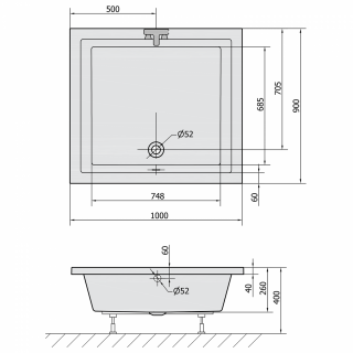 POLYSAN DEEP szögletes mély zuhanytálca lábszerkezettel, 100x90x26cm